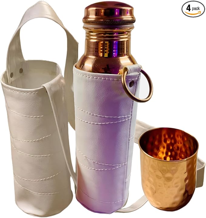 Copper Water Bottle 34oz or 1000ml with Copper Tumbler and Carrying Bag & Deco Sleeve, Pure Copper Bottle Water Vessel for Drinking Water, Leak-Proof, Authentic Ayurvedic Copper Hammered Bottle