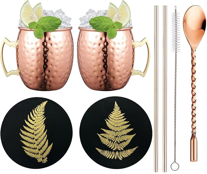 Moscow Mule Copper Mugs Set of 2, Copper Cups 19.5 Oz with 2 Steel Copper Plated Straws, 1 Stirrer Spoon, 1 Straw Cleaning Brush and 2 Wood Coasters, Gift Pack for Housewarming Party & Gifting