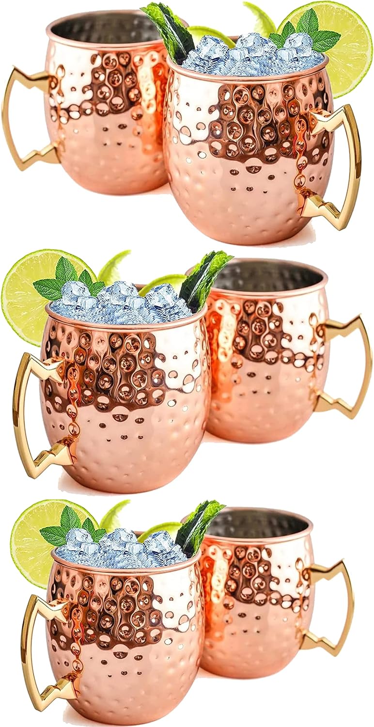 Moscow Mule Mugs Set of 6 | Stainless Steel Lining Pure Copper Plating Mugs | Large Size 19 ounces | Hammered Copper Lining Cups