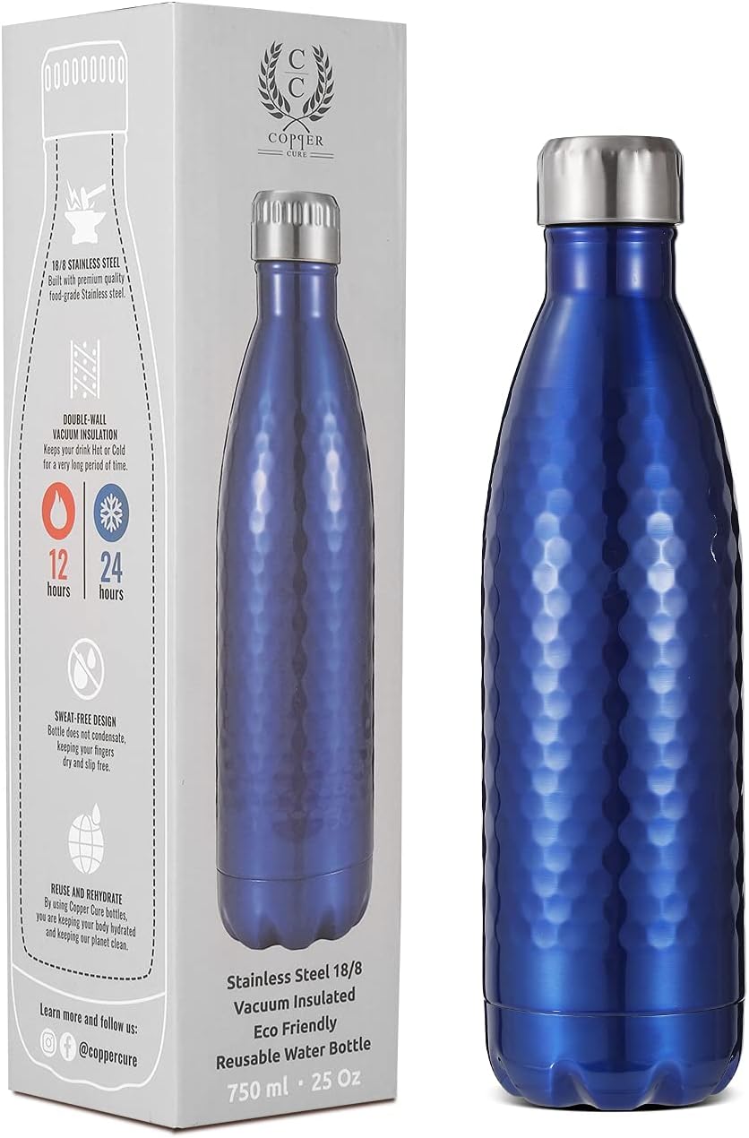 Stainless Steel Hammered Double Walled Water Bottle Vacuum Insulated 750 ML Blue Color