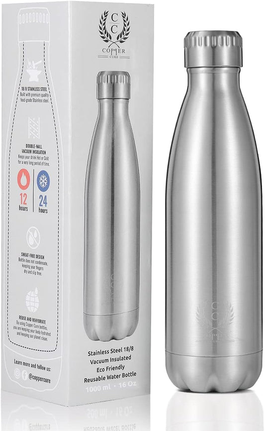 Water Bottle Stainless Steel Double Walled Vacuum Insulated, 1000ML, Keeps Water Hot & Cold for Long - Stainless Steel Thermos