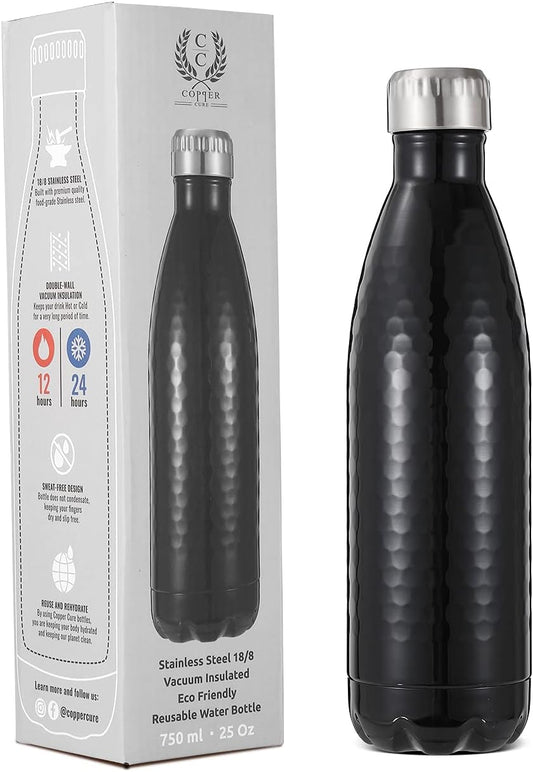 Stainless Steel Hammered 750ML Water Bottle Vacuum Insulated Double Walled - Black Color