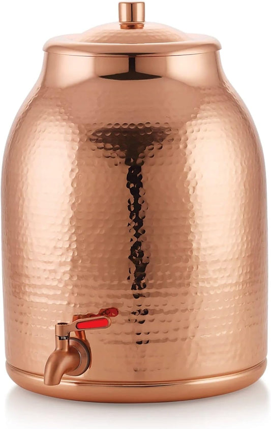 Pure Copper Water Dispenser with Lid | 100% Pure Copper, Heavy Gauge, Hand Hammered Storage Tank Pot | 3+ Gallons Capacity, Holds 2-5 Gallon Water Jugs | Includes No-leak Stainless Steel Spigot