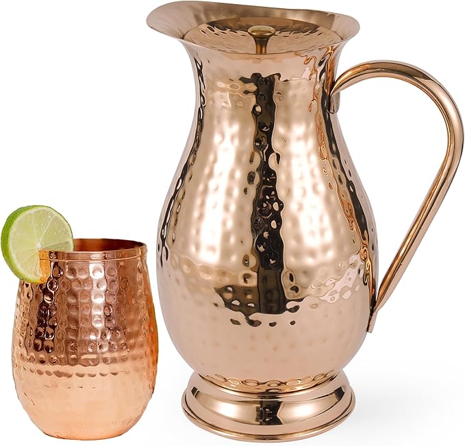 Pure Copper Water Jug with a Lid 70 Oz with a Pure Copper Hammered Glass Tumbler 12 Oz, Copper Pitcher 2000 ML with a Lid & Pure Copper Tumbler 350 ML Gift Set for Home, Hotel & Gifting