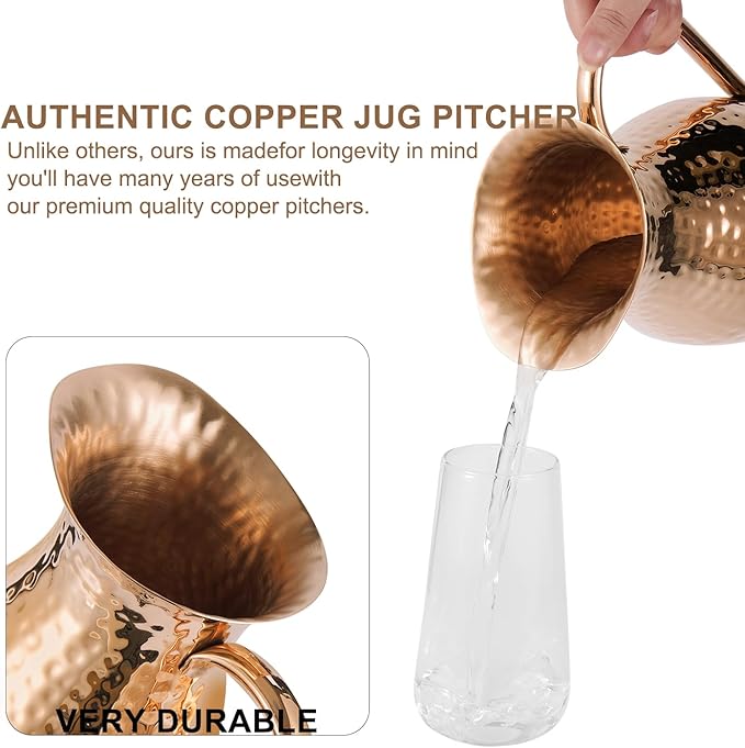 Pure Copper Water Jug with a Lid 70 Oz with a Pure Copper Hammered Glass Tumbler 12 Oz, Copper Pitcher 2000 ML with a Lid & Pure Copper Tumbler 350 ML Gift Set for Home, Hotel & Gifting
