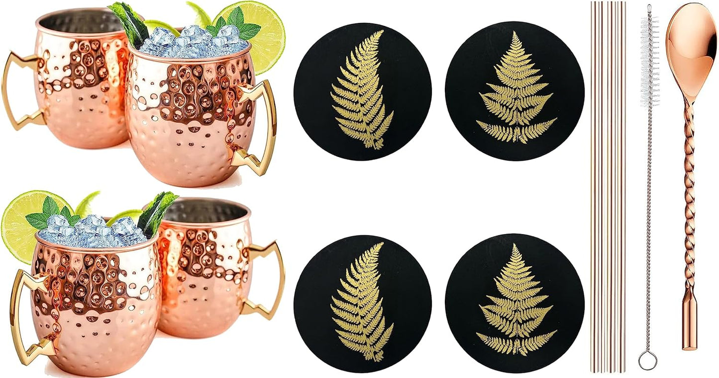 Moscow Mule Mugs W/Bonus 4 Straws, 4 Wooden Coasters, 1 Spoon & 1 Straw Cleaning Brush [Gift Set] Hammered Copper Mugs | Stainless Steel Lining, Copper Plating Cups with Gold Brass Handle