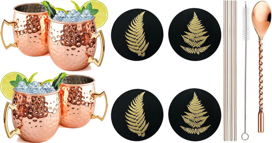 Moscow Mule Mugs W/Bonus 4 Straws, 4 Wooden Coasters, 1 Spoon & 1 Straw Cleaning Brush [Gift Set] Hammered Copper Mugs | Stainless Steel Lining, Copper Plating Cups with Gold Brass Handle