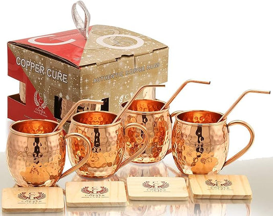 Moscow Mule Copper Mugs - Set of 4-100% HANDCRAFTED - Food Safe Pure Solid Copper Mugs - 16 oz Gift Set with BONUS: Premium Quality Cocktail Copper Straws and Wooden Coasters