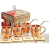 Moscow Mule Copper Mugs - Set of 4-100% HANDCRAFTED - Food Safe Pure Solid Copper Mugs - 16 oz Gift Set with BONUS: Premium Quality Cocktail Copper Straws and Wooden Coasters