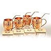 Moscow Mule Copper Mugs - Set of 4-100% HANDCRAFTED - Food Safe Pure Solid Copper Mugs - 16 oz Gift Set with BONUS: Premium Quality Cocktail Copper Straws and Wooden Coasters