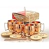 (Gift Set) Pure Copper Hammered Mugs with Copper Straws & Wooden Coasters Set of 4 - PREMIUM QUALITY -16 Oz Copper Cups - 100% Handcrafted - A Gift Pack for your loved Ones