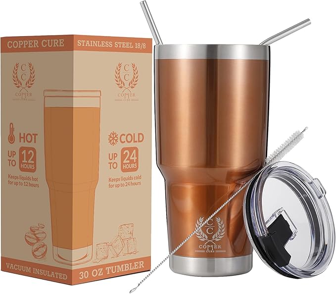 Copper Cure Stainless Steel Vacuum Insulated 30 oz Tumbler - Coffee Cup, Double Wall Tumbler, Travel Mug w/ Lid, Straws set and Straw Cleaning Brush, keeps the Drinks Cold or Hot for Hours