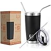 Stainless Steel Tumbler 20 Oz Black, Coffee Cup, Double Wall Tumbler Travel Mug w/Lid & Straws, keeps the Drinks Cold or Hot for Hours