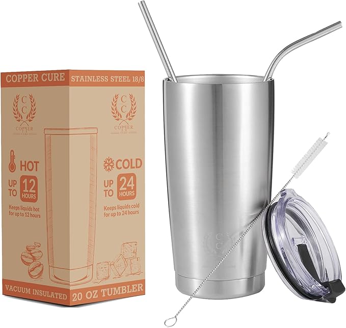 Stainless Steel Tumbler 20 Oz, Coffee Cup, Double Wall Tumbler Travel Mug w/ Lid & Straws, keeps the Drinks Cold or Hot for Hours