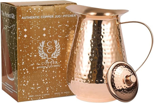 Pure Copper Water Pitcher With Lid, 100% Solid Jug, 70 Oz Capacity, Hammered Vessel, Carafe for Ayurveda Health, Healing Benefit, Home, Hotel & Gifting