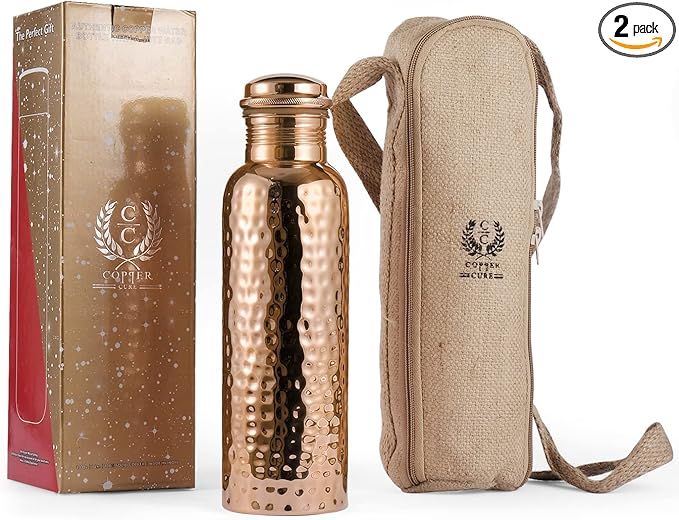 Copper Water Bottle with Jute Bag - 34 Oz Extra Large, Pure Copper Vessel for Drinking - Drink More Water - Copper Bottle for Health Benefits, Home, Office, Sports and Gifting