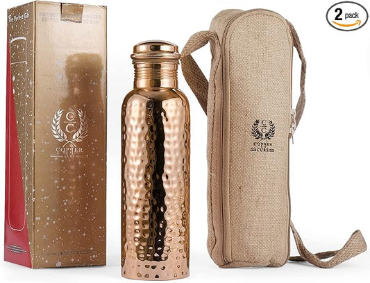 Copper Water Bottle with Jute Bag - 34 Oz Extra Large, Pure Copper Vessel for Drinking - Drink More Water - Copper Bottle for Health Benefits, Home, Office, Sports and Gifting