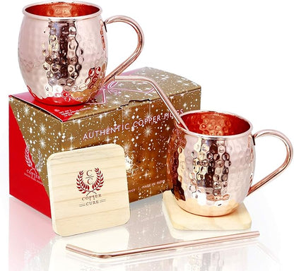Gift Set Solid Pure Copper Hammered Mugs - 100% HANDCRAFTED Copper Cups - BONUS 2 Wooden Coasters, 2 Copper Straws Set of 2