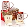 Gift Set Solid Pure Copper Hammered Mugs - 100% HANDCRAFTED Copper Cups - BONUS 2 Wooden Coasters, 2 Copper Straws Set of 2