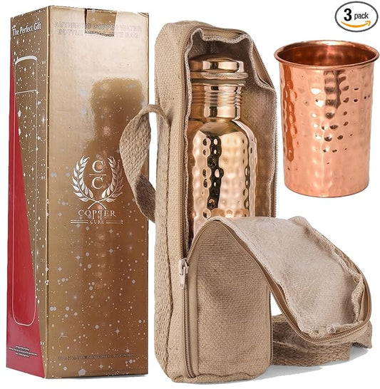 Pure Copper Water Bottle - 34 Oz/1 Litre w/Copper Glass & Jute Bag Gift Pack - Ayurvedic Copper Vessel - Drink More Copper Water, Enjoy The Health Benefits of Copper Hammered Bottle Immediately