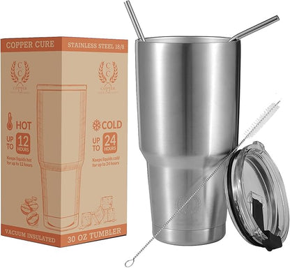 Stainless Steel Vacuum Insulated Tumbler 30 Oz, Water Glass, Coffee Cup, Double Wall Tumbler Travel Mug w/Lid & Straws, keeps the Drinks Cold or Hot for Hours