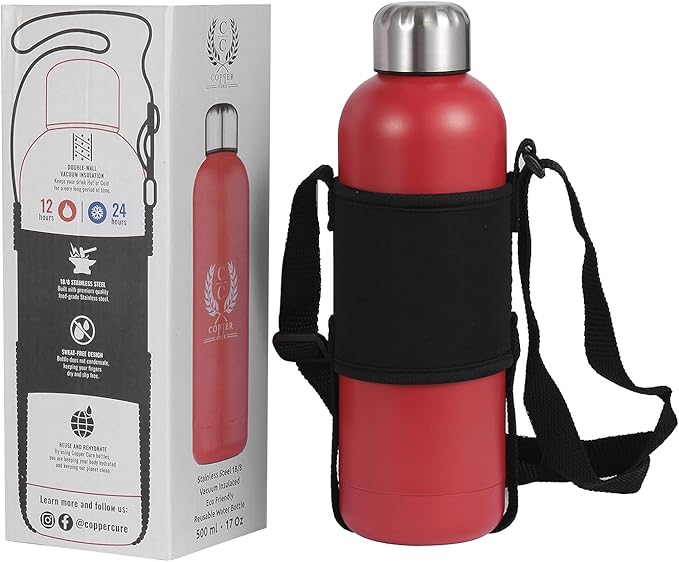 Copper Cure Stainless Steel Water Bottle Vacuum Insulated Double Walled 17 Oz Red